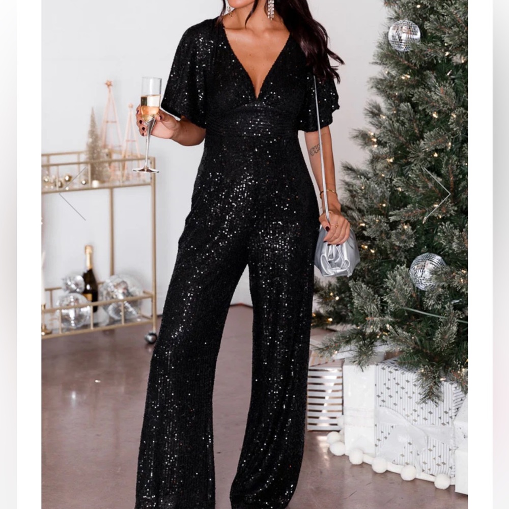 Sequin V-Neck Black Jumpsuit